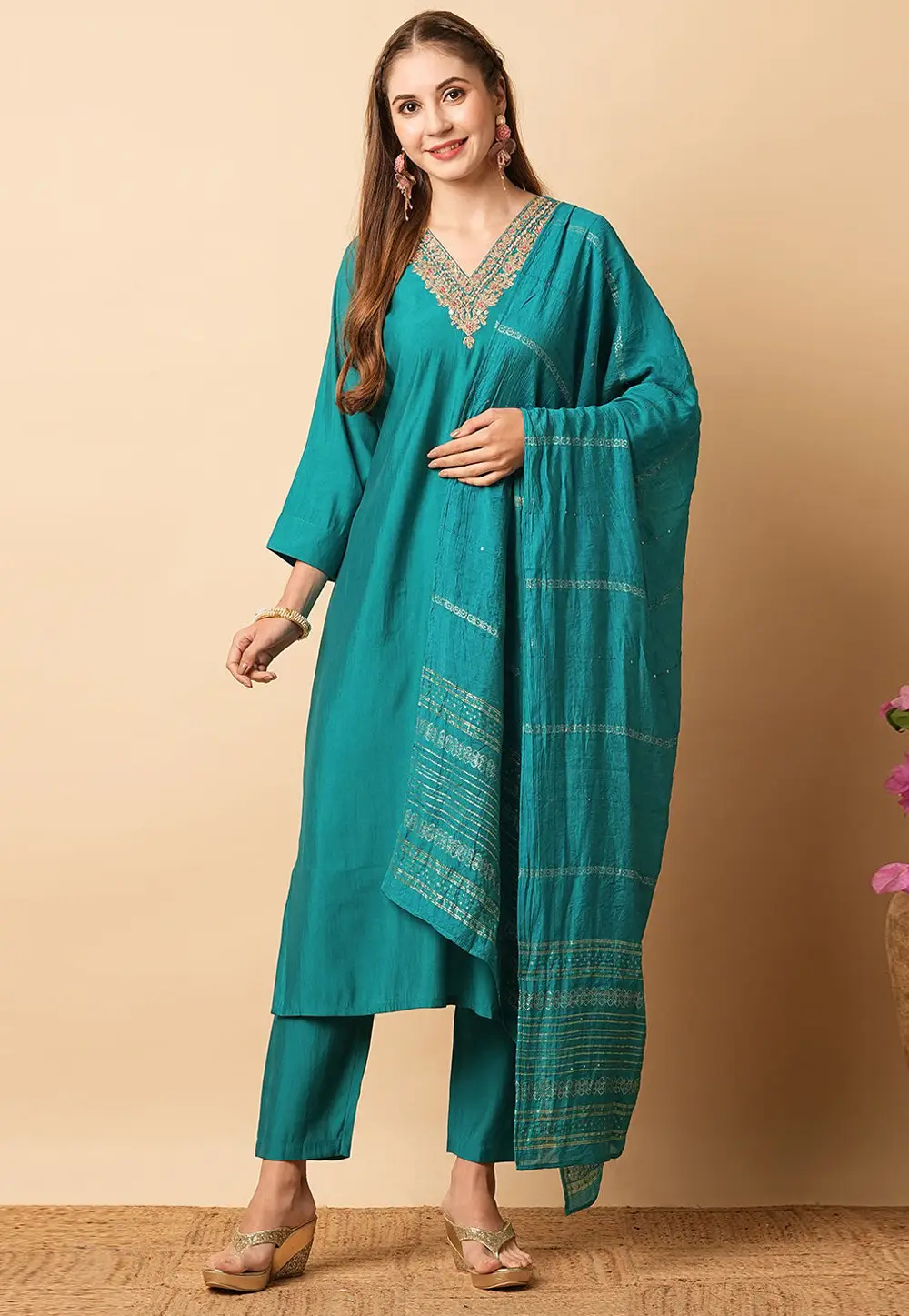 Teal Viscose Readymade Pant Style Suit 295154