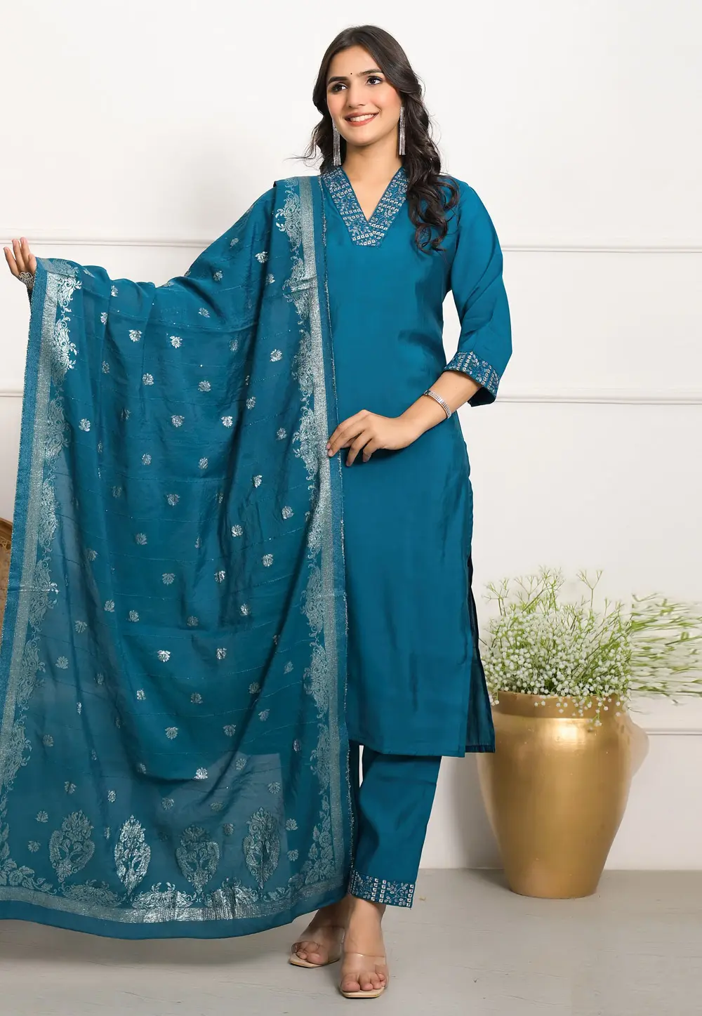 Teal Viscose Readymade Pant Style Suit 297802