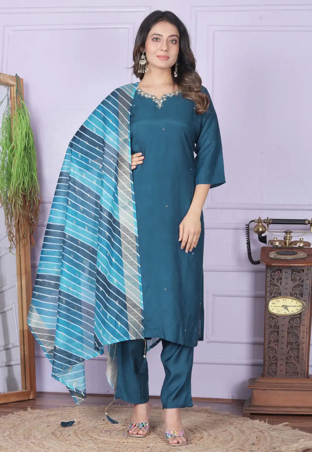 Teal Viscose Readymade Straight Suit 289120
