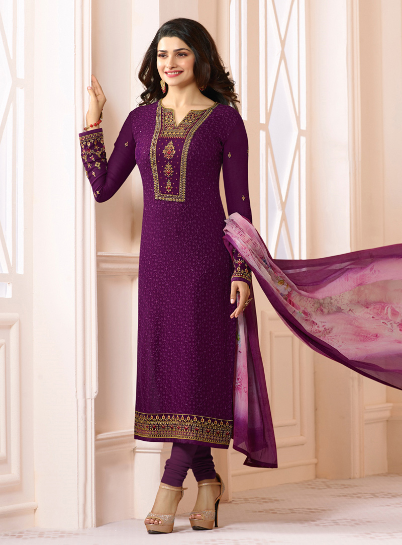 Prachi Desai Purple Georgette Churidar Salwar Suit 127392