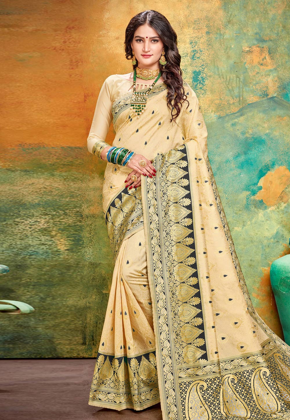 Cream Banarasi Silk Saree With Blouse 188839