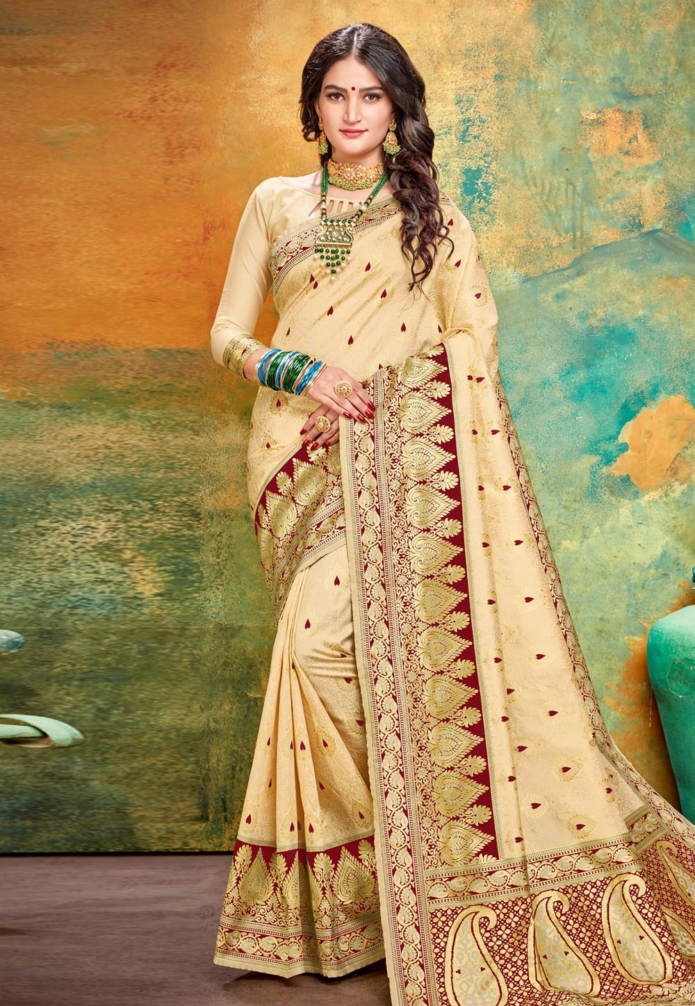 Cream Banarasi Silk Saree With Blouse 188841