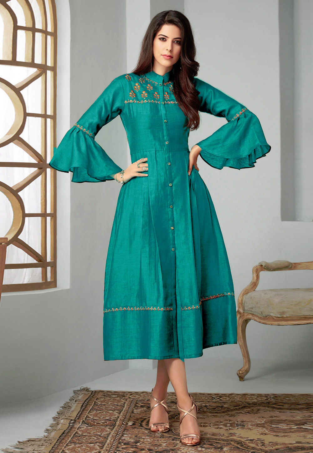 Green Cotton Readymade Kurti With Frill Sleeve 172061