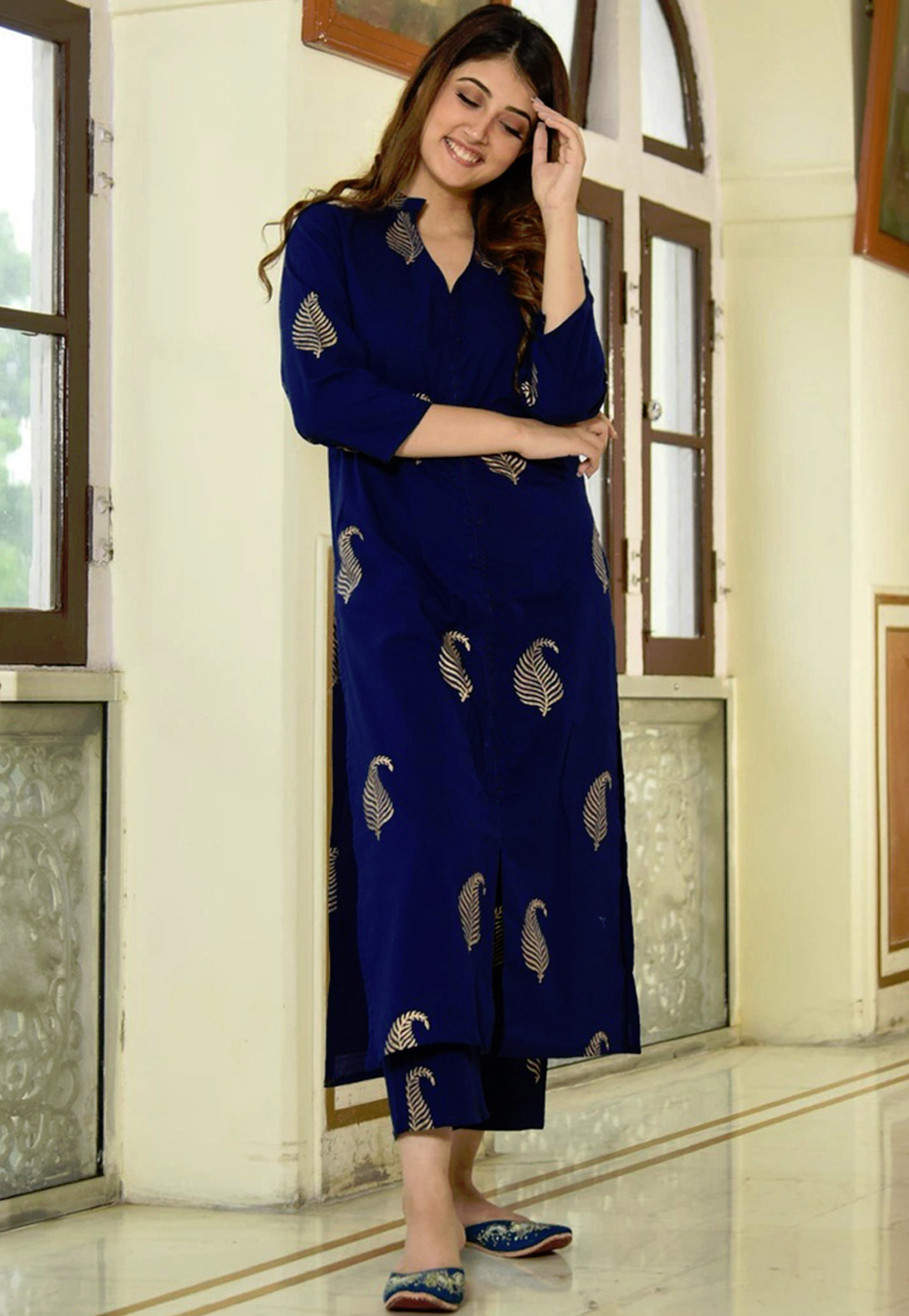 Navy Blue Cotton Readymade Kameez With Palazzo 192717