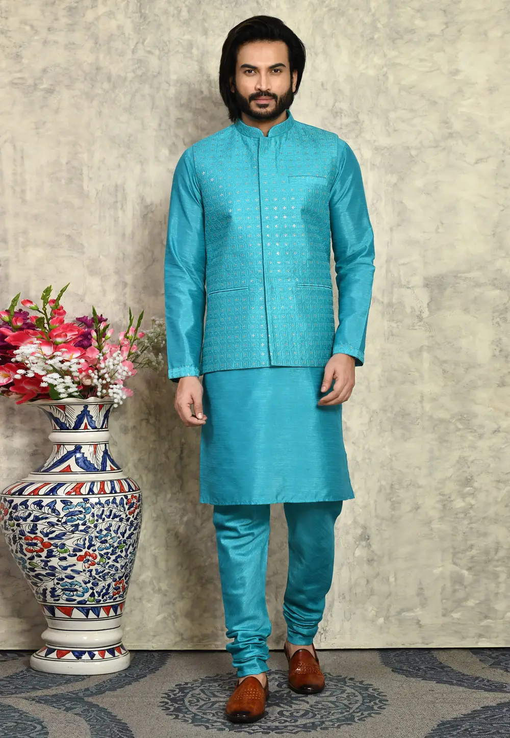 Turquoise Art Silk Kurta Pajama With Jacket 295431