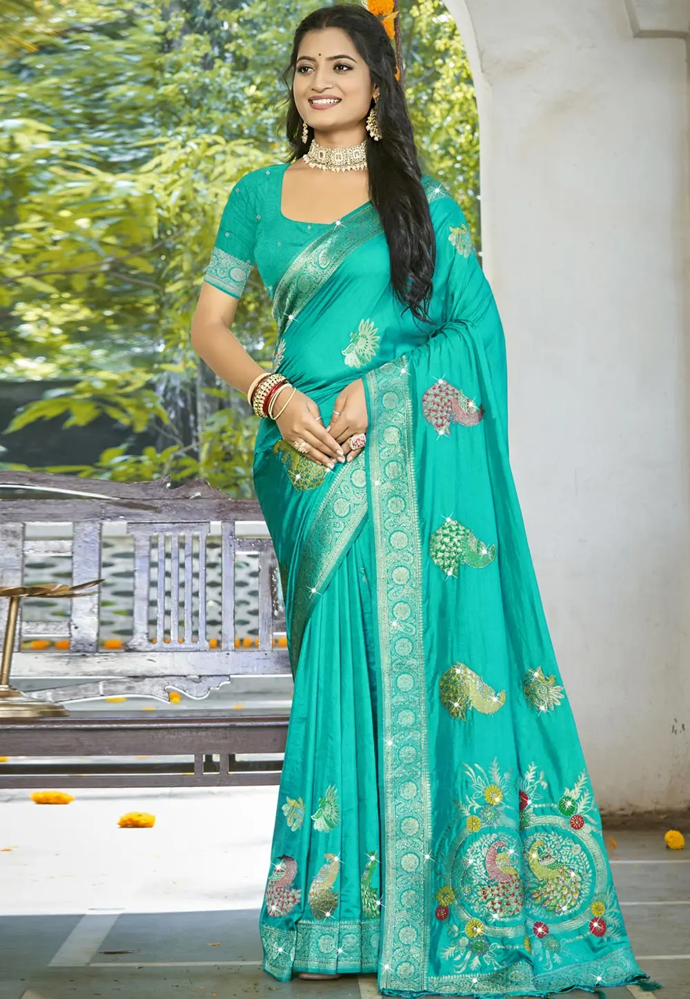 Turquoise Art Silk Saree With Blouse 303022