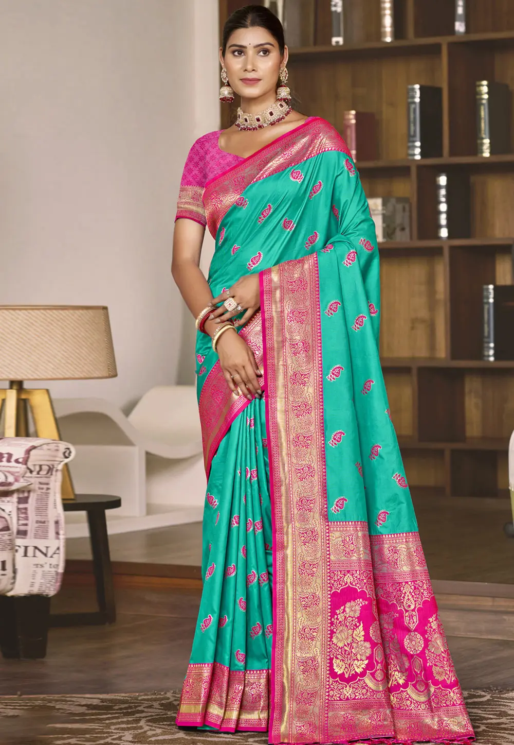 Turquoise Art Silk Saree With Blouse 303080