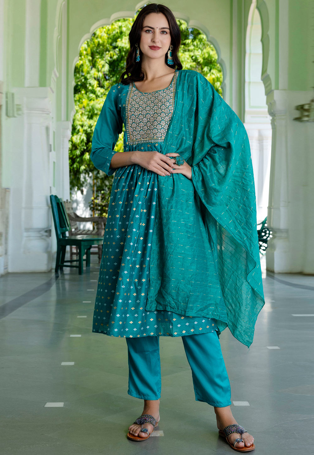 Turquoise Chanderi Readymade Pant Style Suit 310202