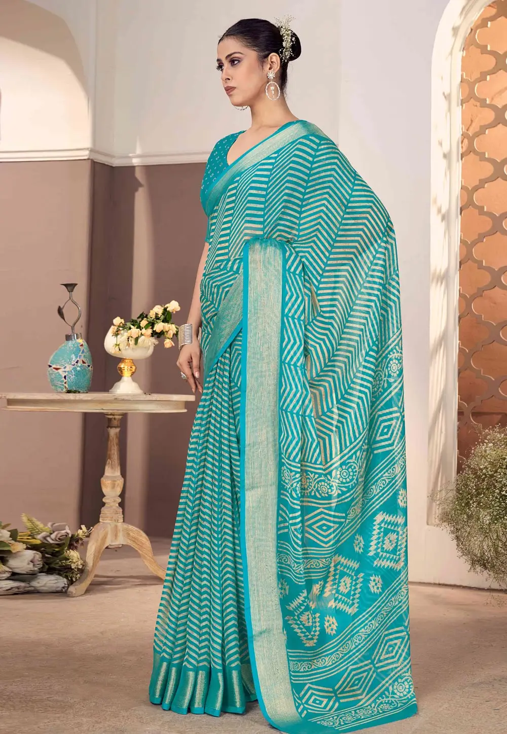 Turquoise Chiffon Saree With Blouse 296086