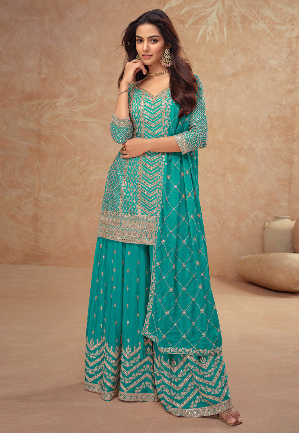 Turquoise Chinon Embroidered Palazzo Suit 305711