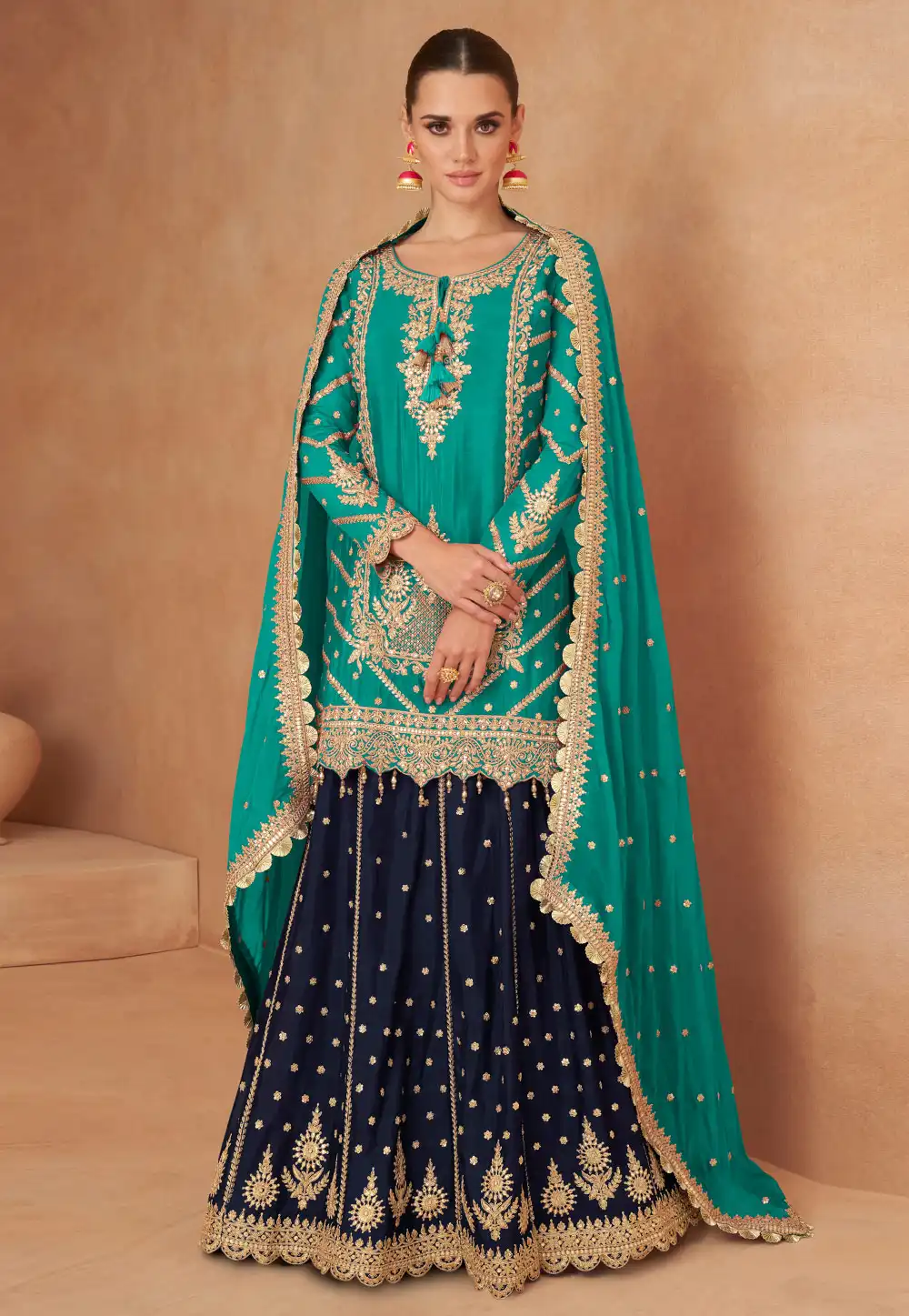 Turquoise Chinon Long Choli Lehenga 295081