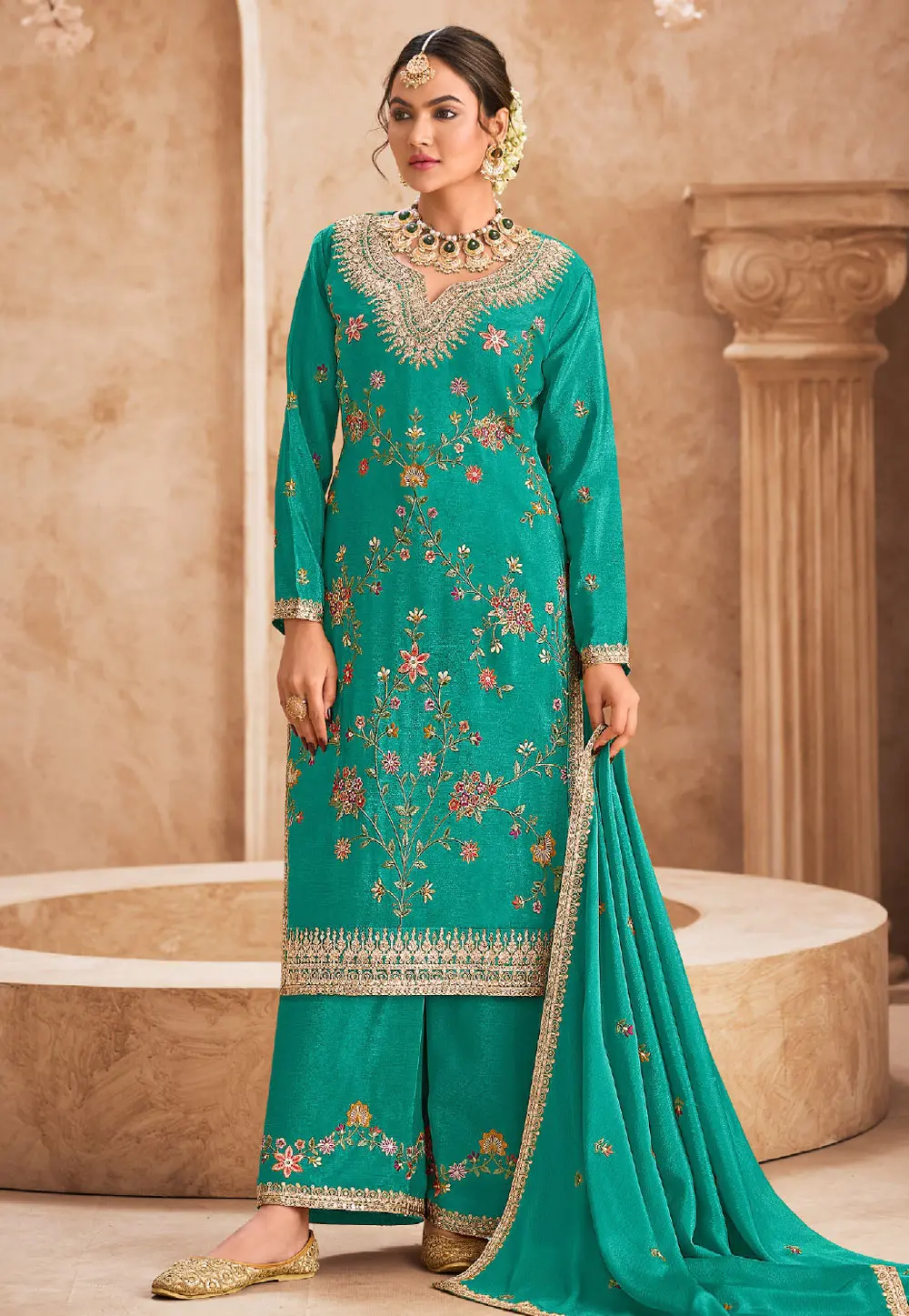 Turquoise Chinon Pakistani Suit 304439