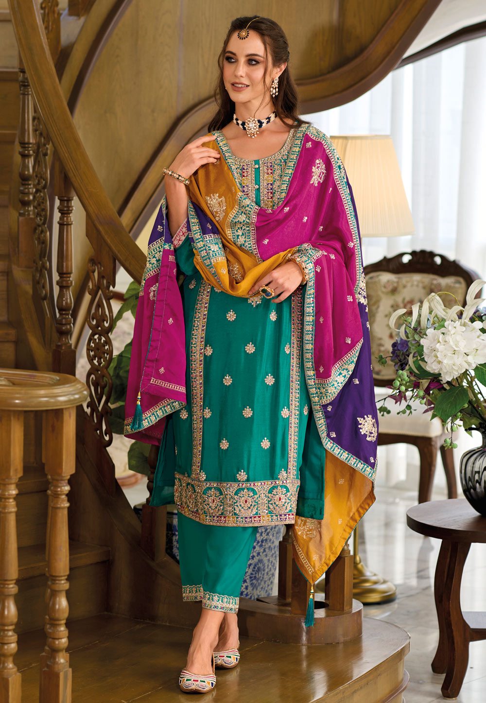 Turquoise Chinon Readymade Pakistani Suit 283463