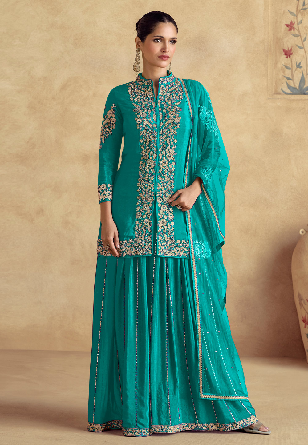 Turquoise Chinon Silk Pakistani Suit 305092