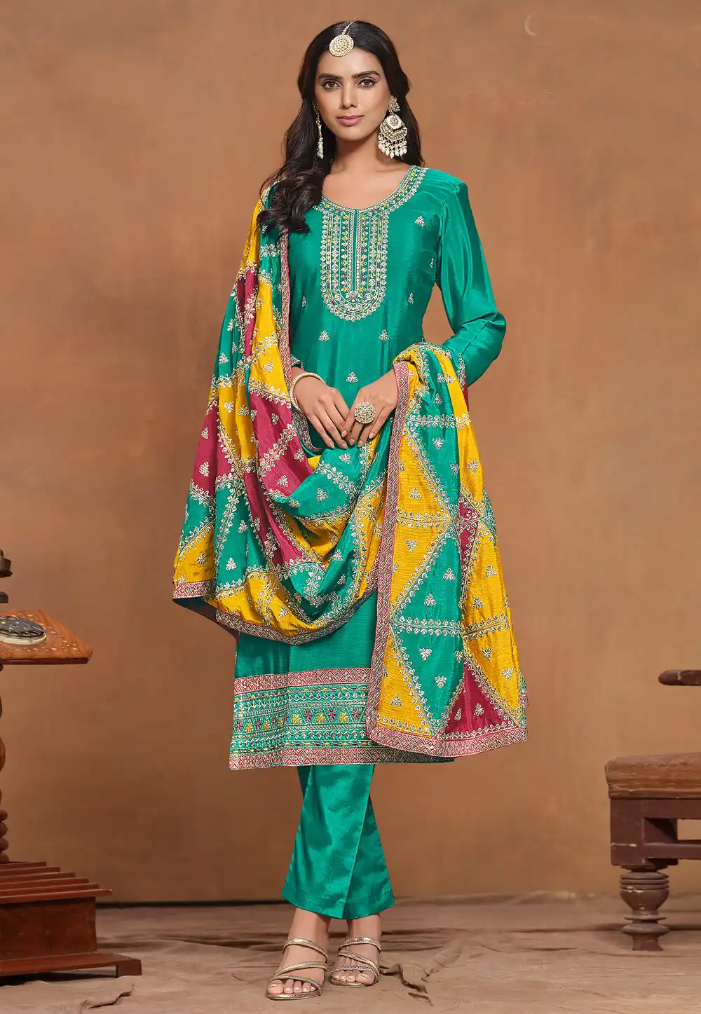 Turquoise Chinon Silk Pant Style Suit 294066