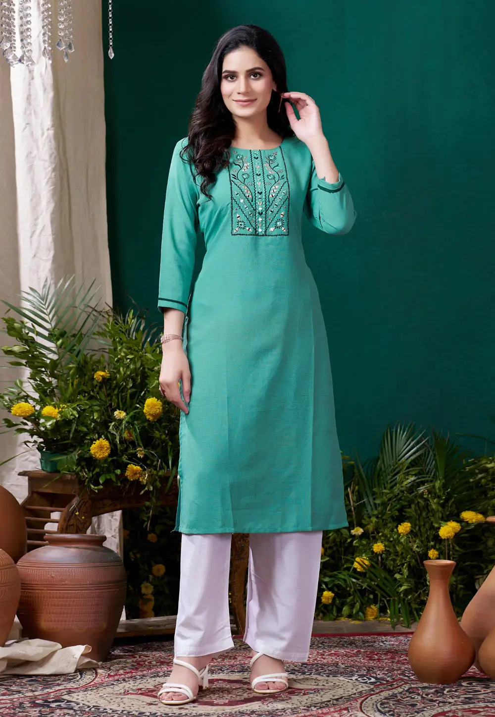 Turquoise Cotton Kurta Set With Pent 295465