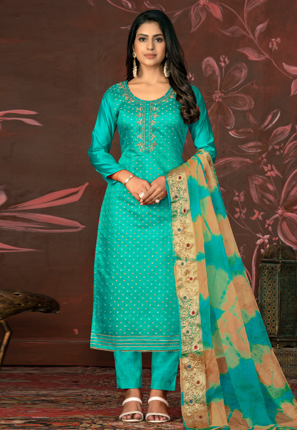 Turquoise Cotton Pakistani Suit 281070