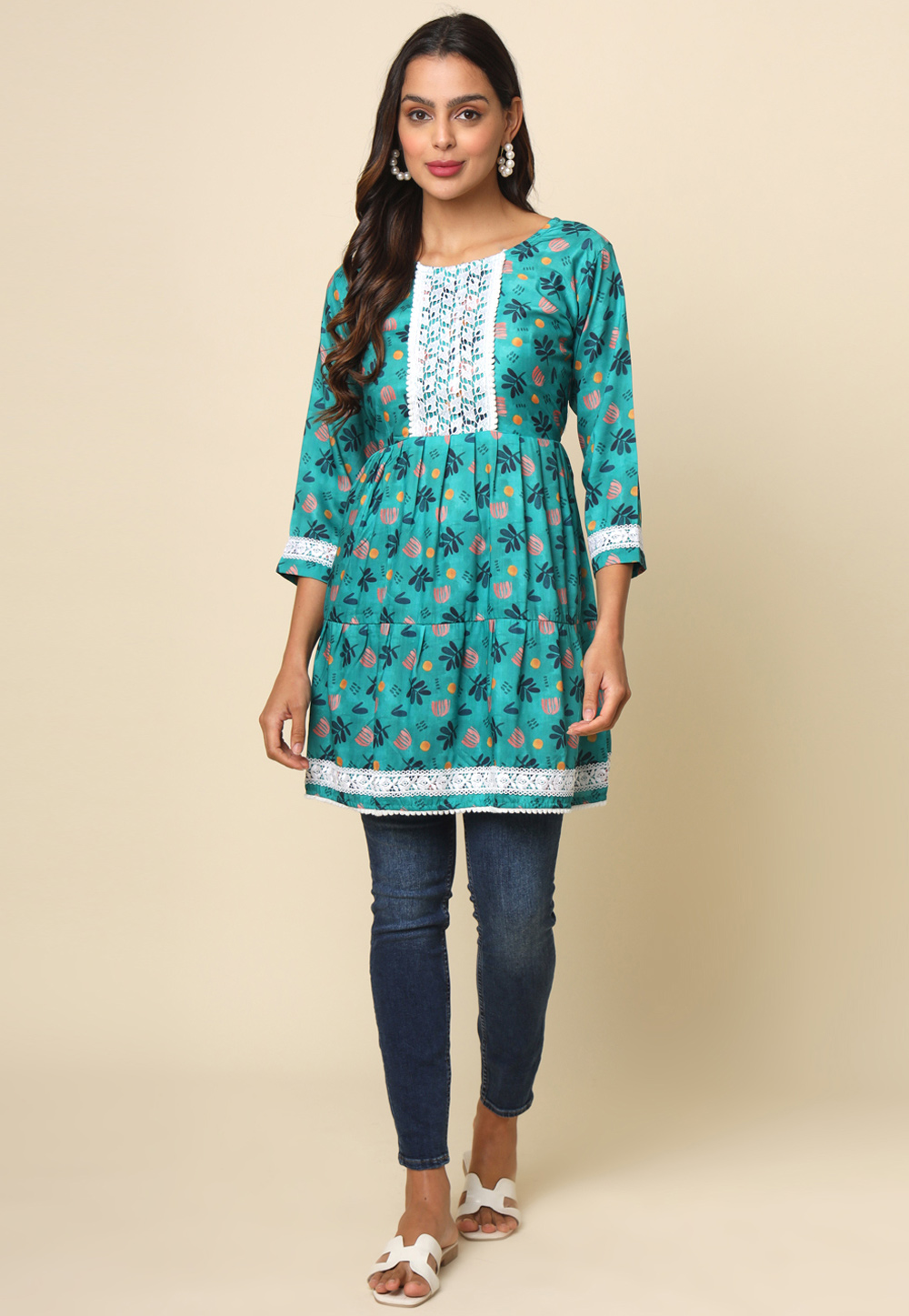 Turquoise Cotton Printed Kurti 286303