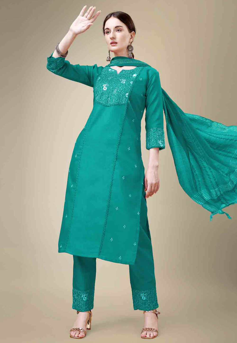 Turquoise Cotton Readymade Pant Style Suit 280840