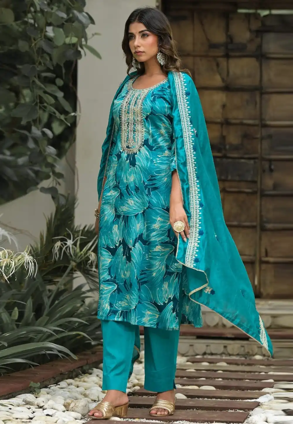 Turquoise Cotton Readymade Pant Style Suit 291617