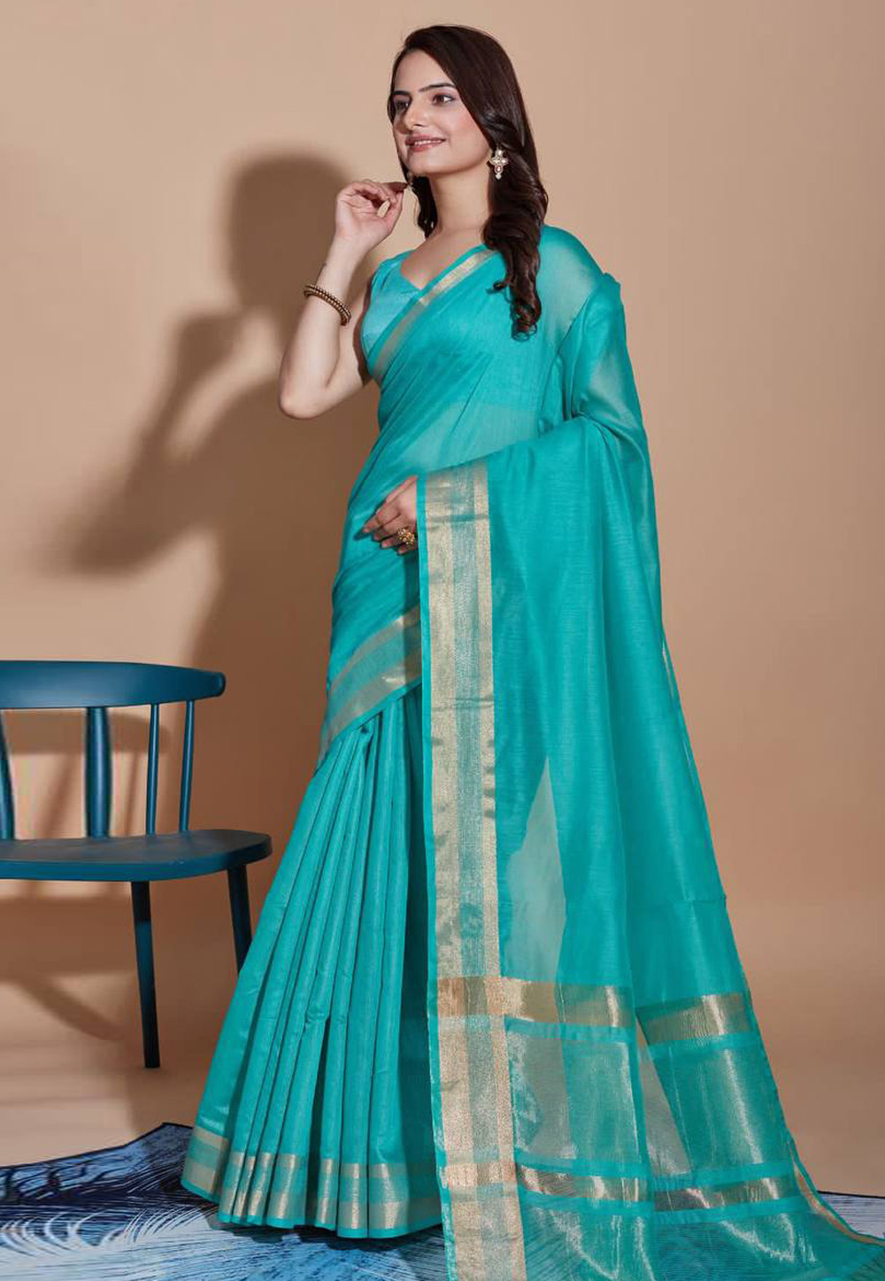 Turquoise Cotton Saree With Blouse 281826