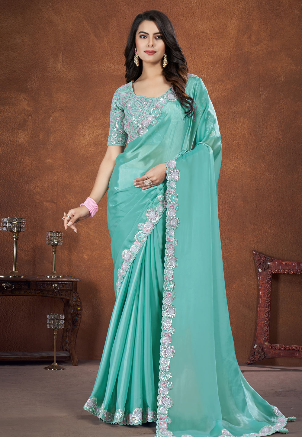Turquoise Crepe Satin Saree With Blouse 285153