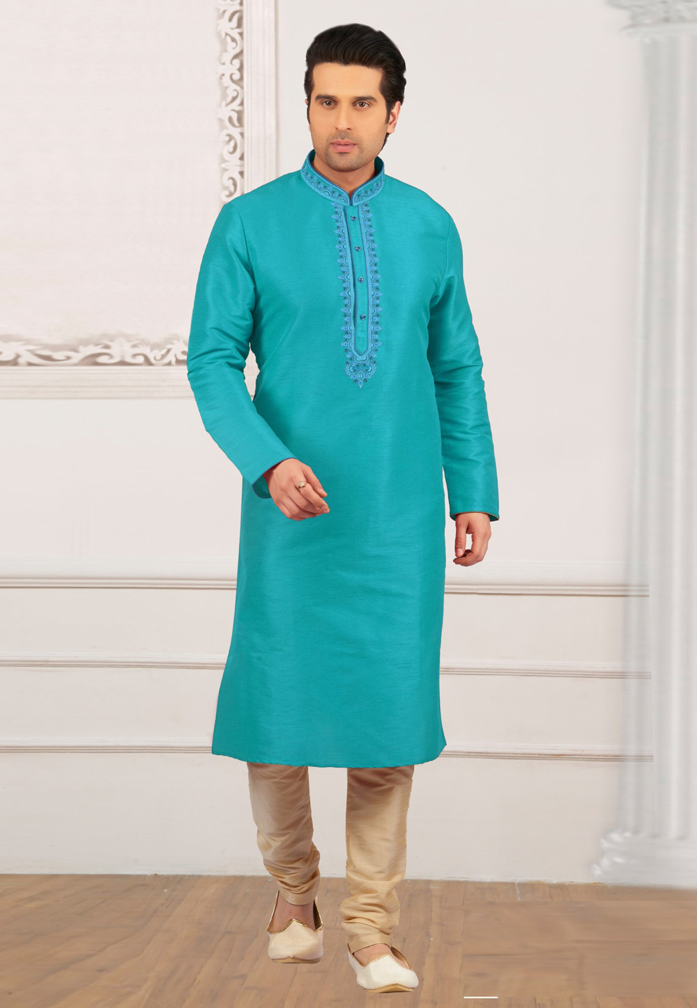 Turquoise Dupion Silk Kurta Pajama 309772