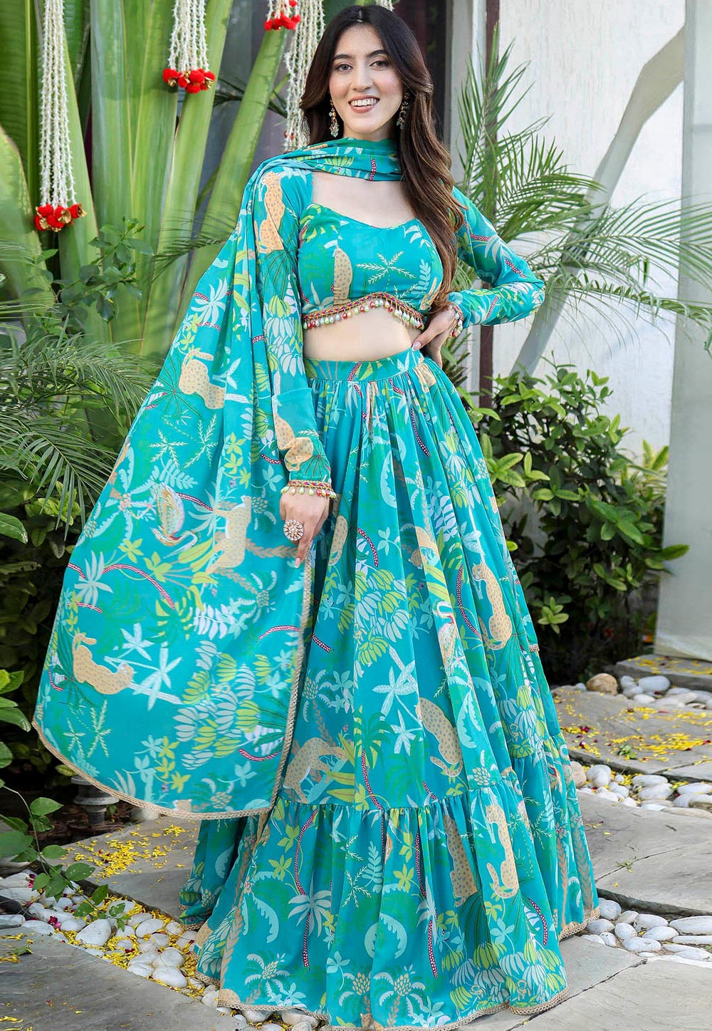 Turquoise Georgette Floral Lehenga Choli 305743