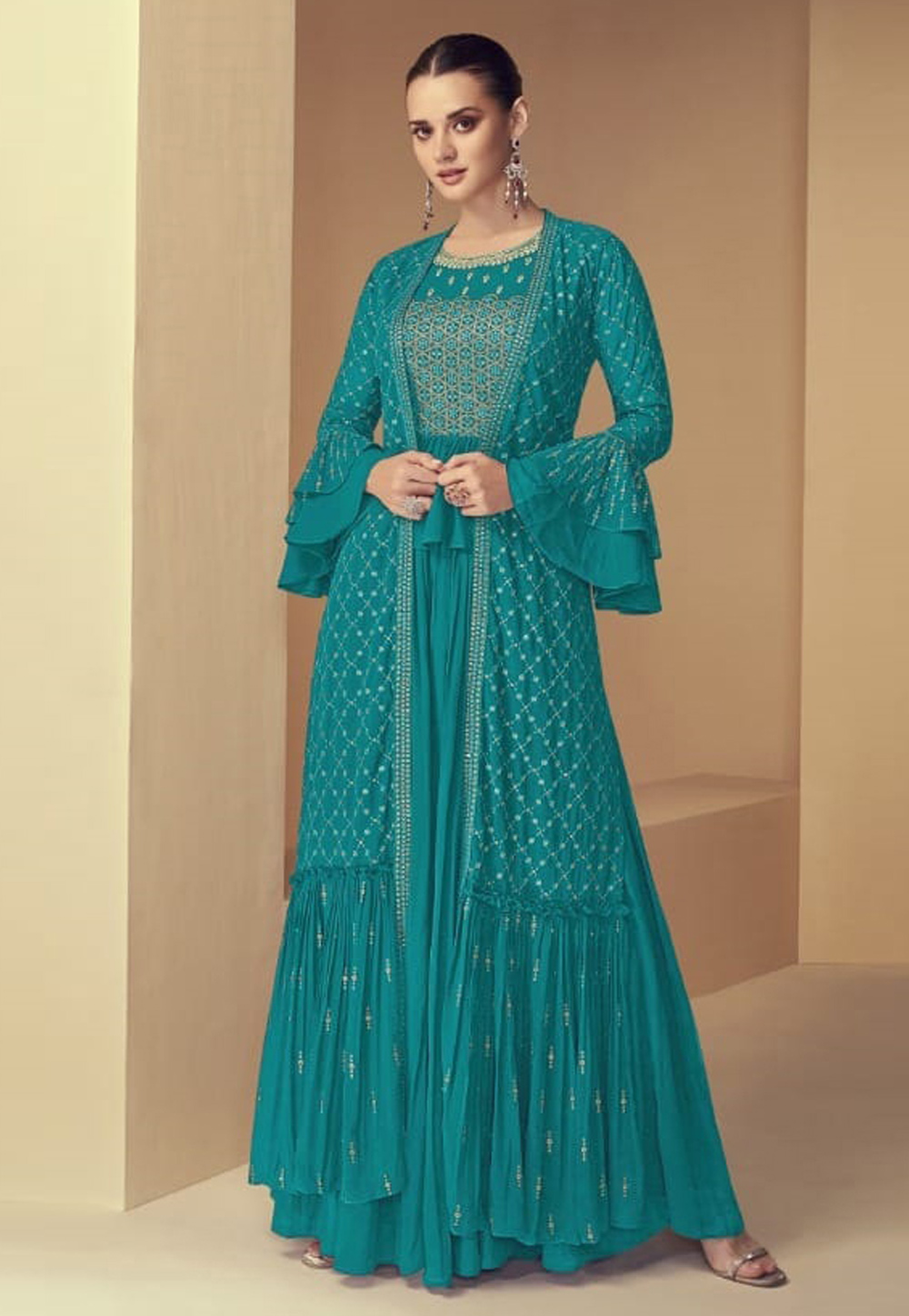 Turquoise Georgette Jacket Style Suit 279166