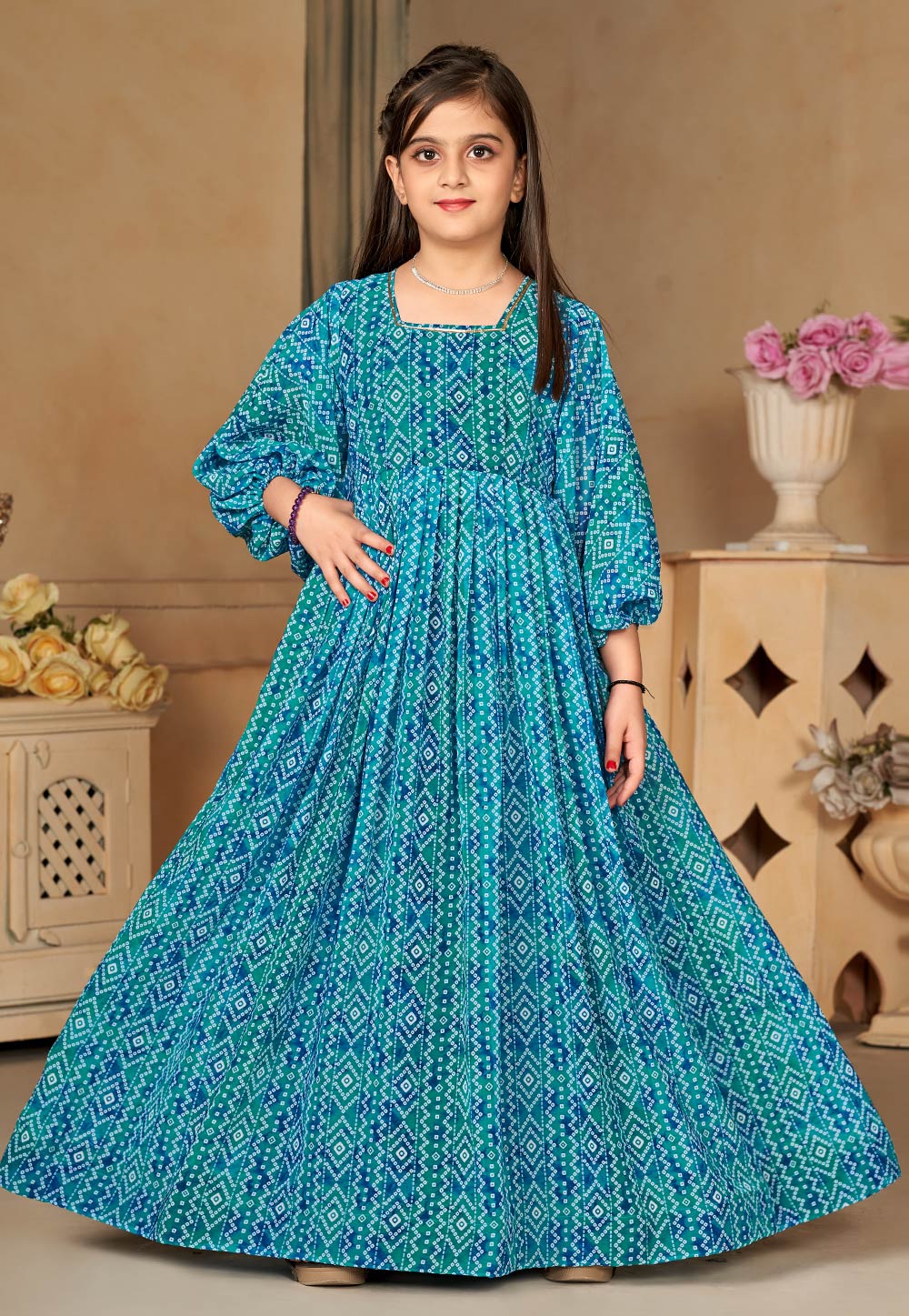 Turquoise Georgette Readymade Kids Gown 283867