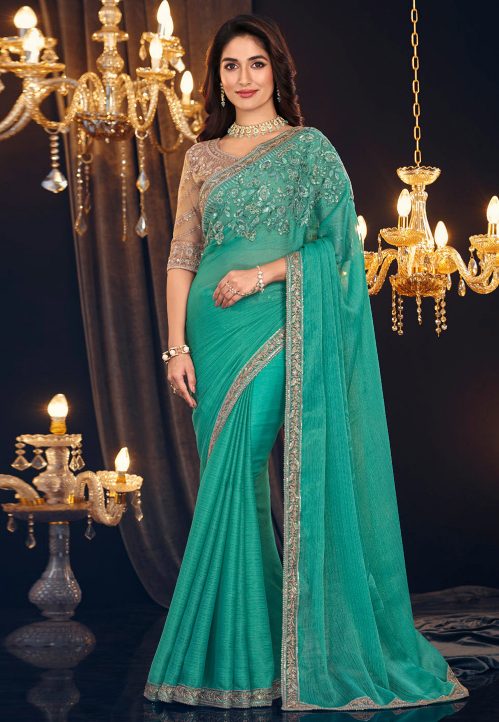 Turquoise Georgette Shimmer Saree With Blouse 286505