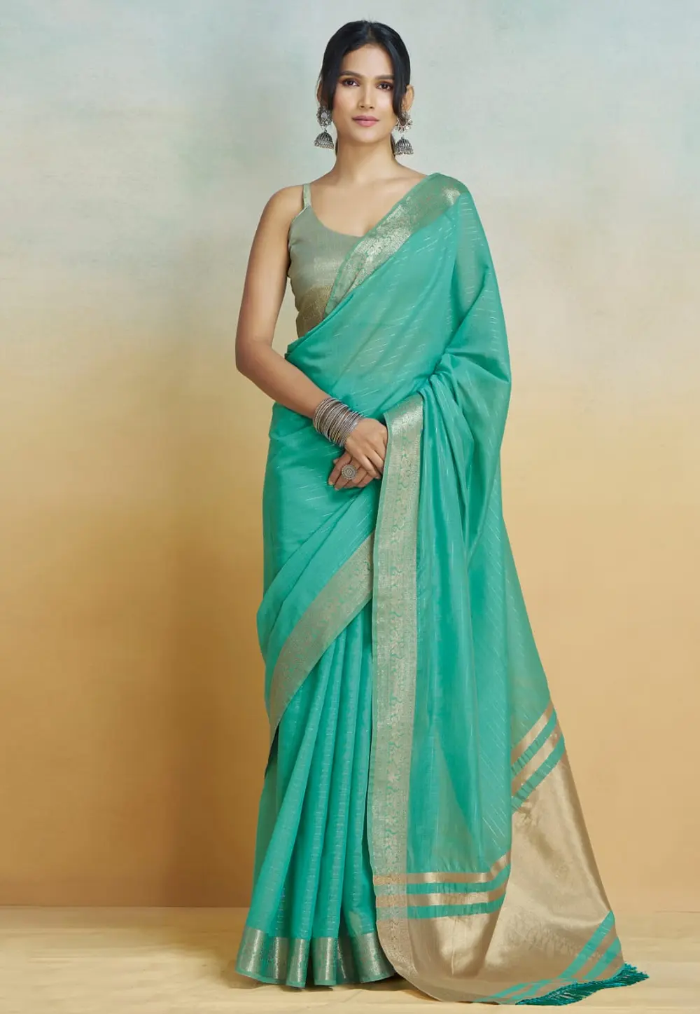 Turquoise Khadi Saree With Blouse 297251