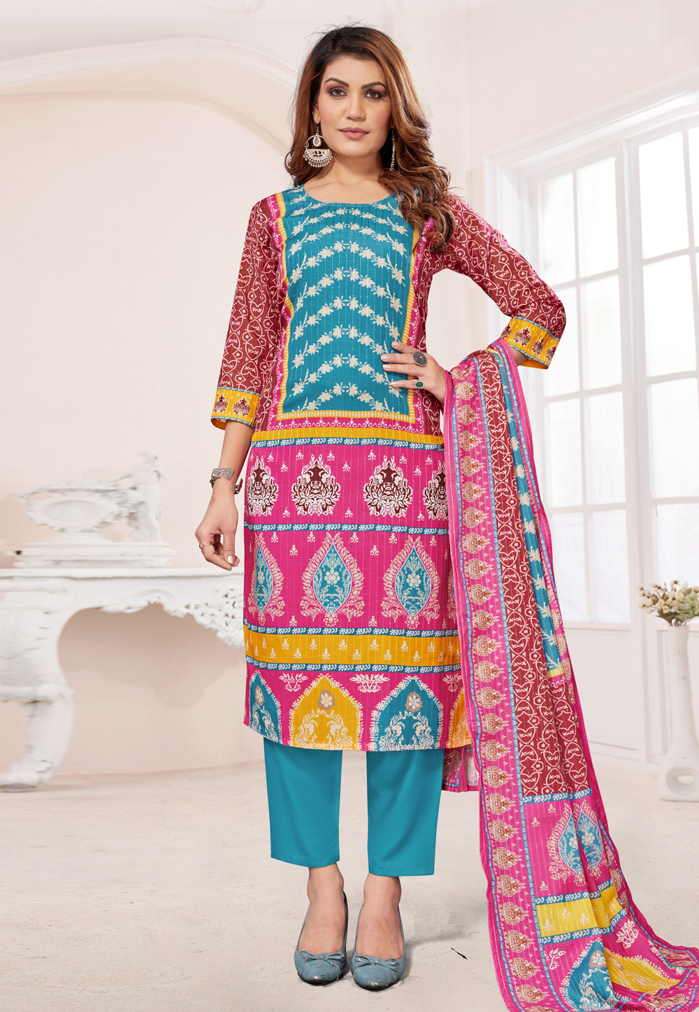Turquoise Muslin Readymade Pakistani Suit 281282