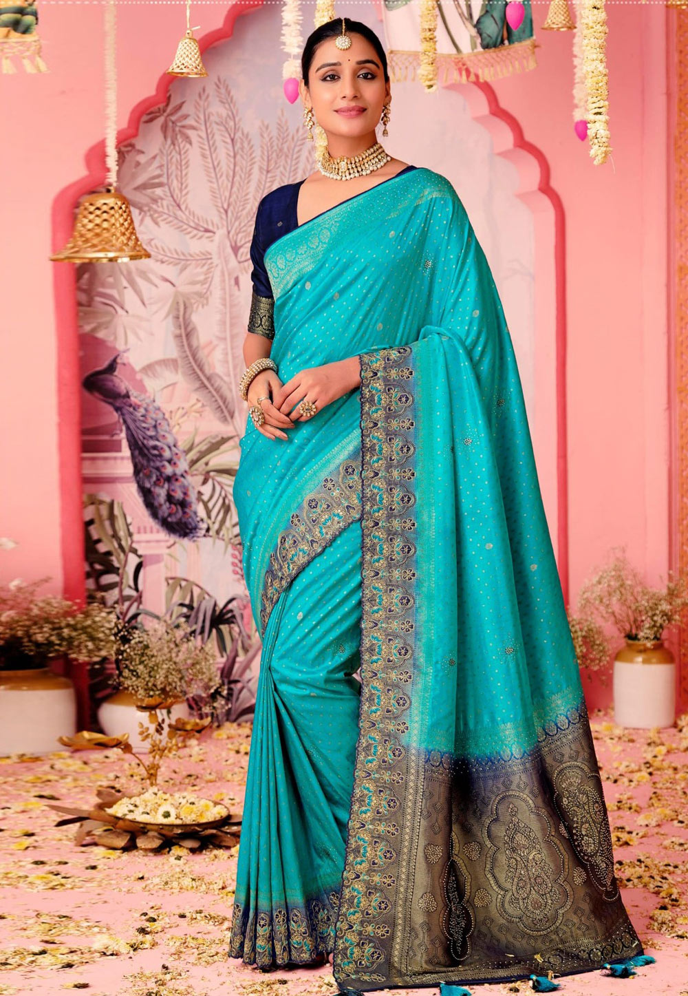 Turquoise Nylon Saree With Blouse 306172