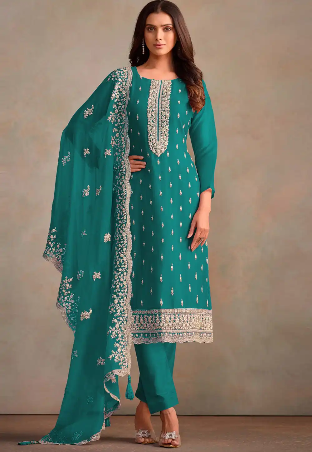 Turquoise Organza Pant Style Suit 295141