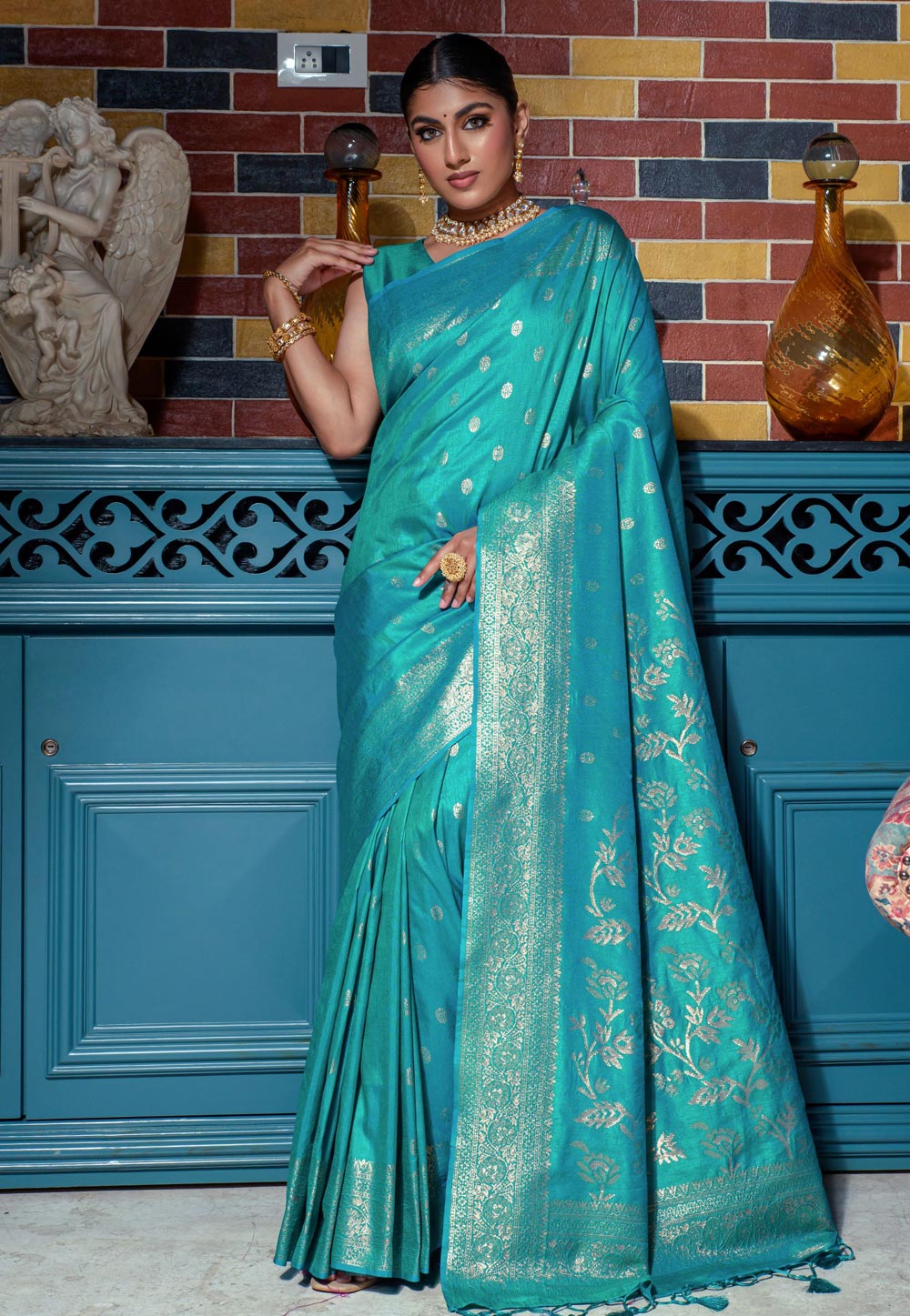 Turquoise Raw Silk Saree With Blouse 283012