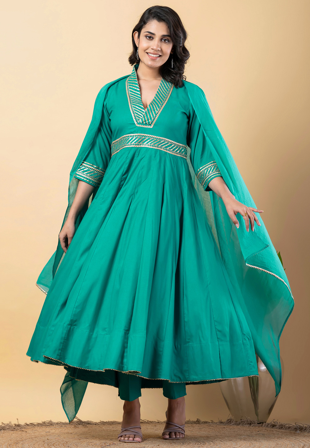 Turquoise Rayon Readymade Anarkali Suit 306187