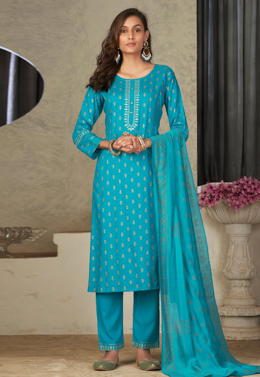 Turquoise Rayon Readymade Pant Style Suit 280534