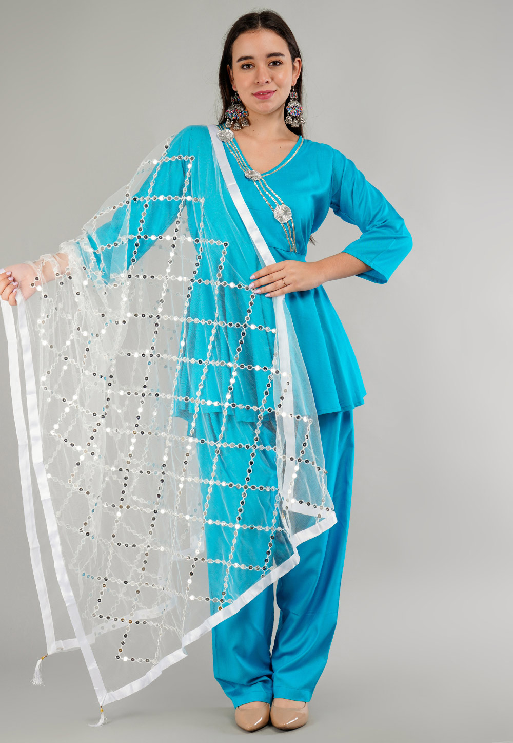 Turquoise Rayon Readymade Patiala Suit 282801