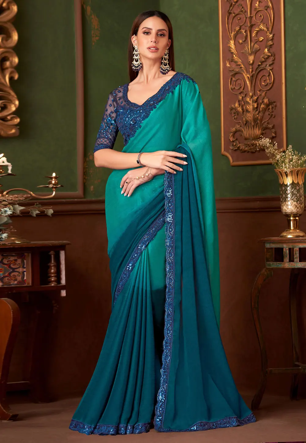 Turquoise Satin Chiffon Half N Half Saree 301116