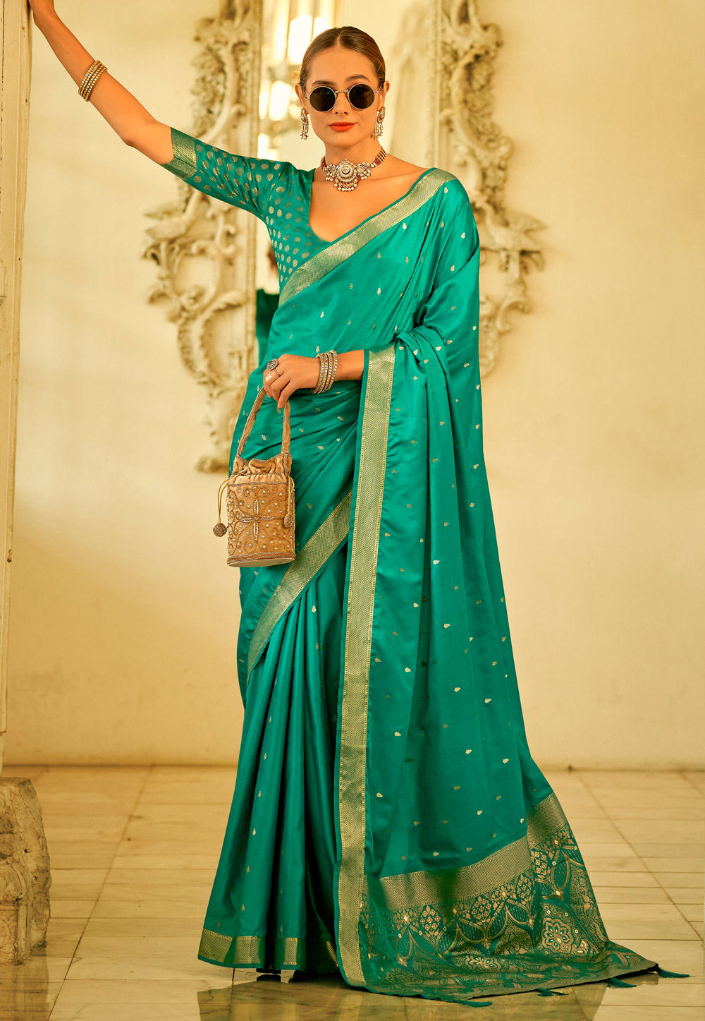 Turquoise Satin Silk Saree With Blouse 285906