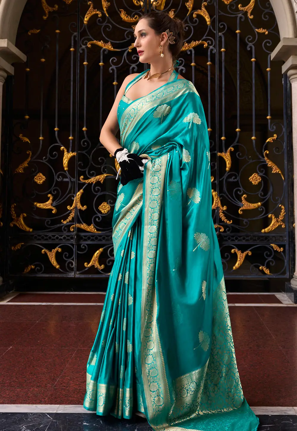 Turquoise Satin Silk Saree With Blouse 296544