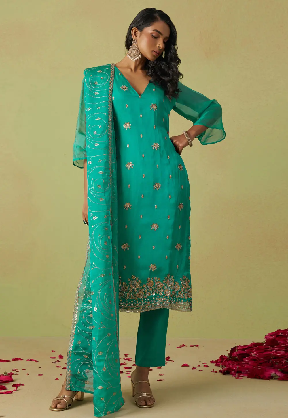 Turquoise Shimmer Pant Style Suit 304623