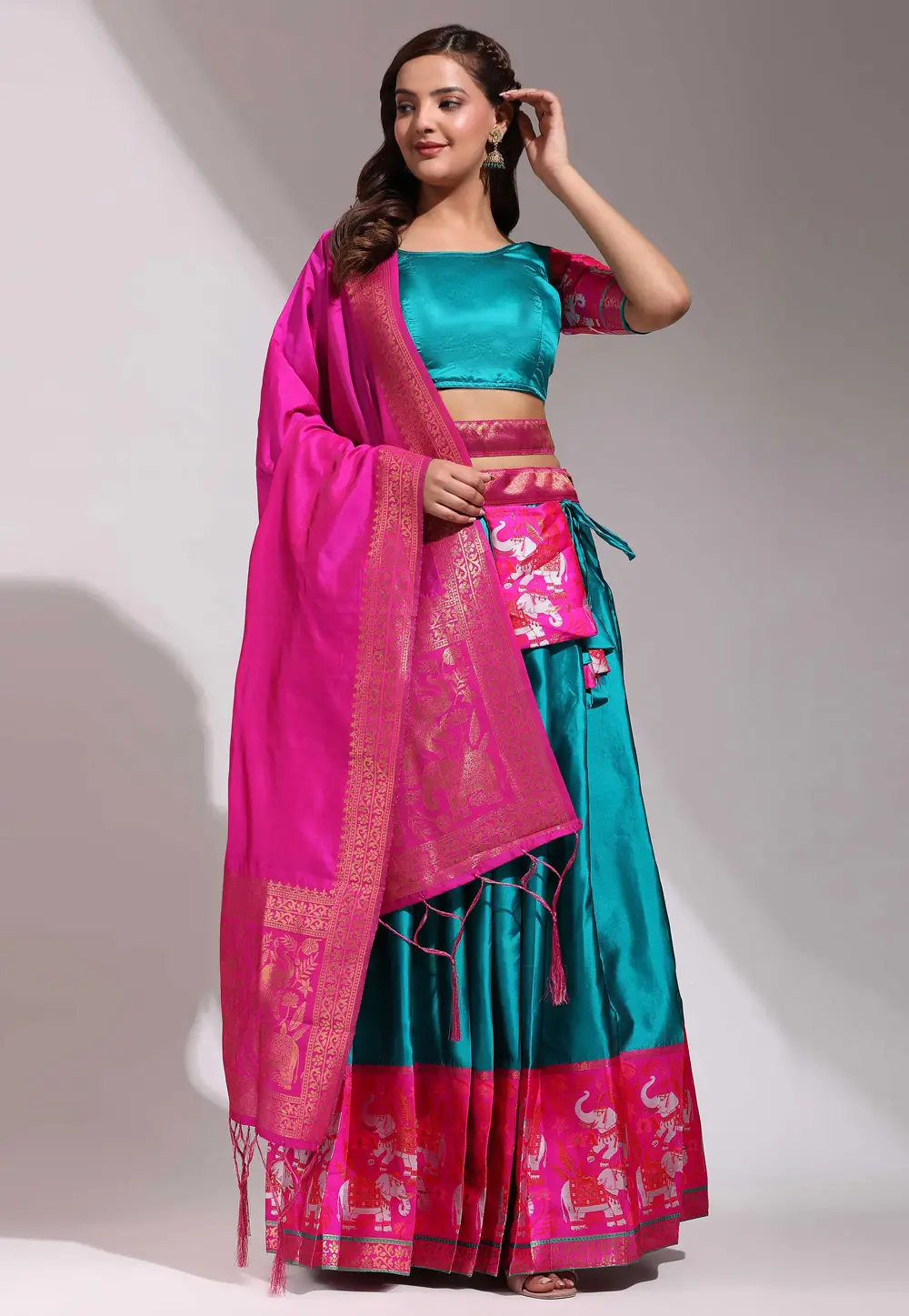 Turquoise Silk A Line Lehenga Choli 296129