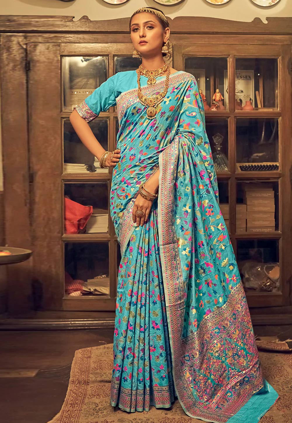 Turquoise Silk Cotton Saree With Blouse 279749
