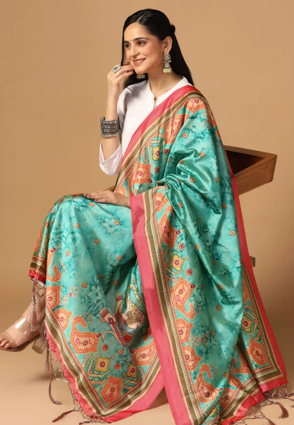 Turquoise Silk Dupatta 296867