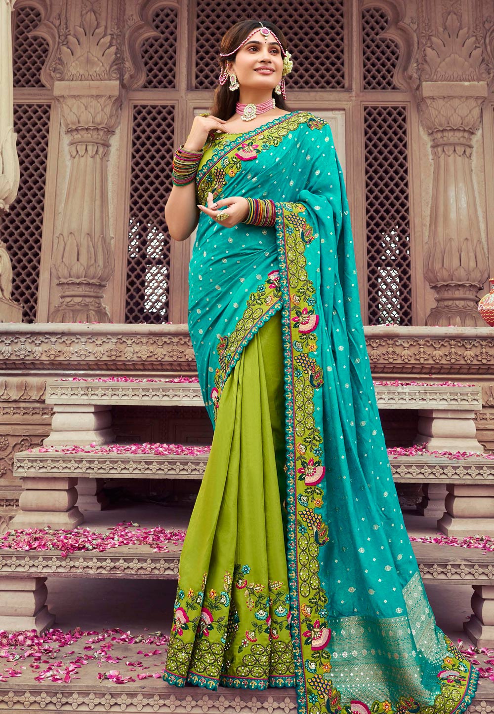 Turquoise Silk Half N Half Saree 305836