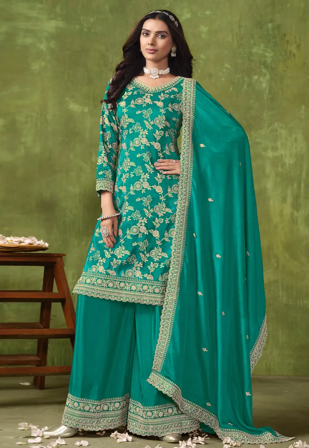 Turquoise Silk Jacquard Palazzo Suit 291668