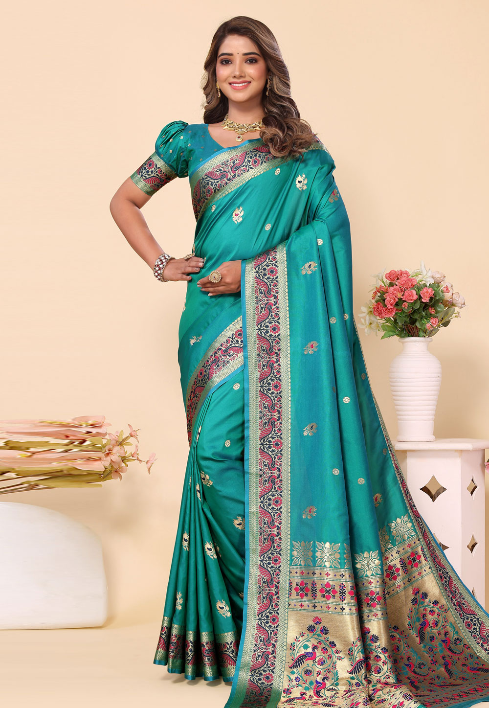 Turquoise Silk Paithani Saree 283404