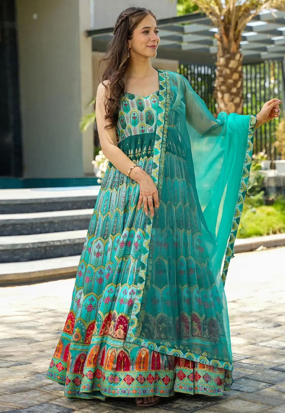 Turquoise Silk Readymade Long Anarkali Suit 306178